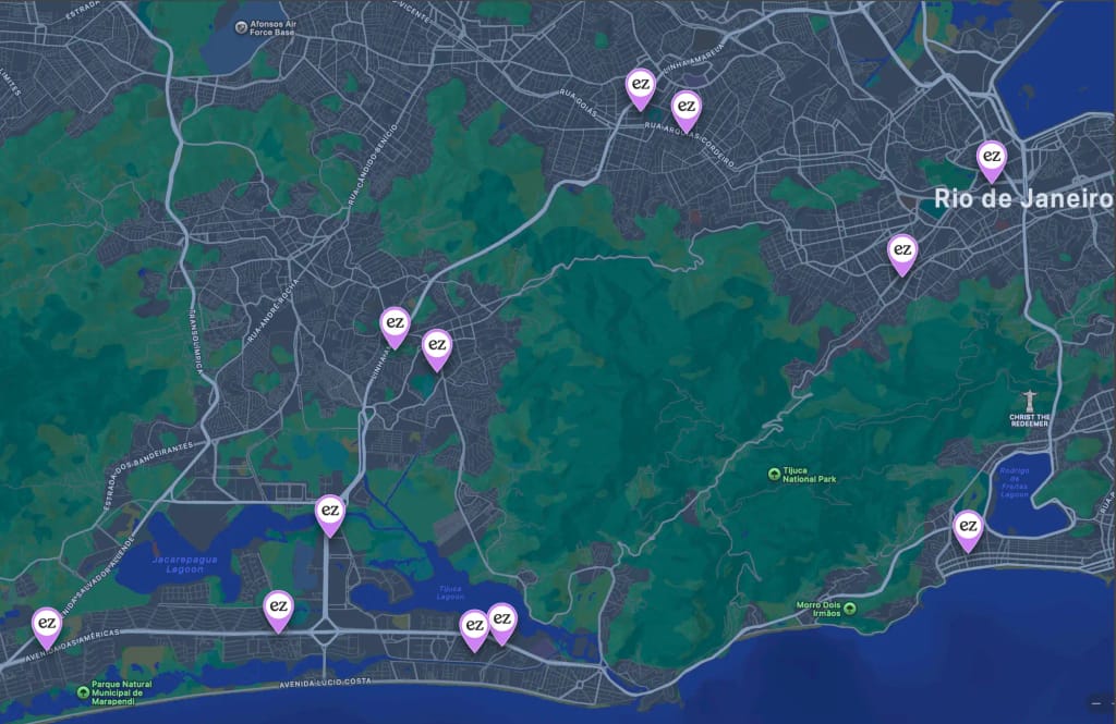 Mapa do Rio de Janeiro com marcadores das clínicas parceiras ezaligner