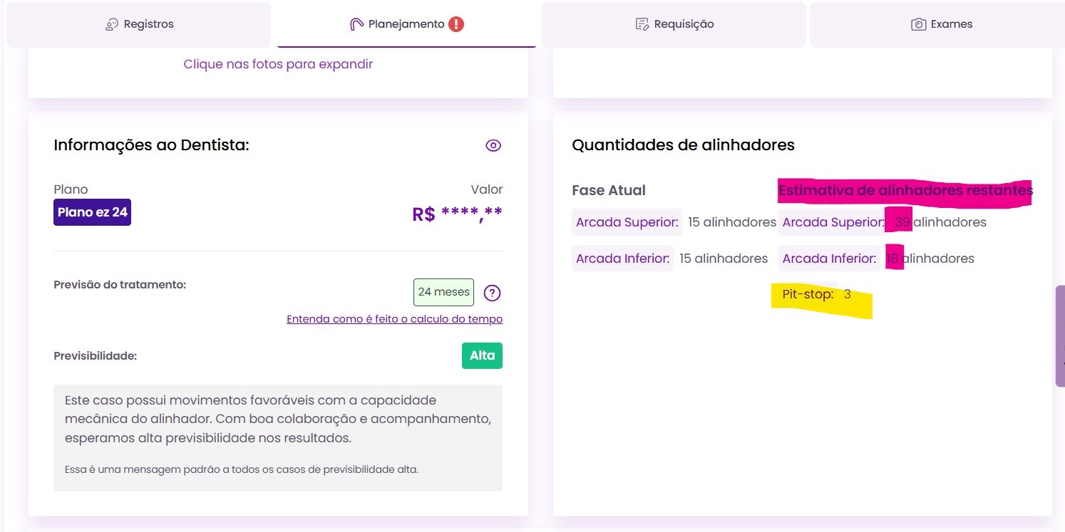 na pagina do planejamento do seu paciente, você consegue ver a estimativa de placas restantes.